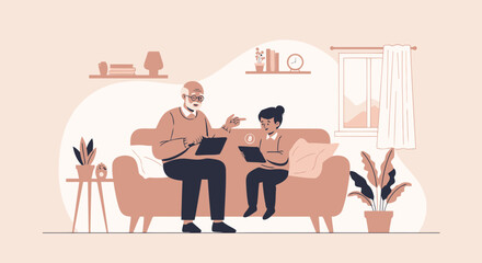 Grandfather Explains Technology to Granddaughter Using Tablets on Sofa Together