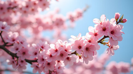 Colorful cherry blossoms on branches, scenic view against clear blue sky. Bright pink flowers in spring in blooming garden