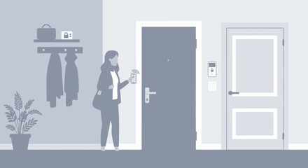 Woman Using Mobile App To Unlock Smart Home Door Technology Illustration