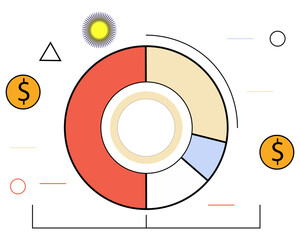 Pie Chart Displaying Segmented Business Expenses With Flat Color Blocks and Coin Icons, Featuring a Simple and Clean Financial Illustration Style