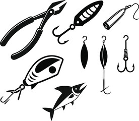 Naklejka premium Fishing hooks and tackle silhouette set with fish, bait, and lures illustration