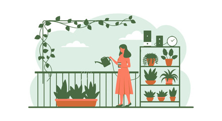 Illustration Of A Woman Gardening On A Balcony With Green Plants And A Pleasant View