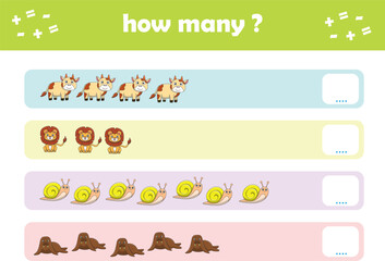 Count and match activity page for kids with cute wild animals. Elementary math for preschool and kindergarten. Vector illustration