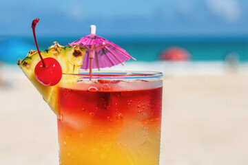 Refreshing tropical drink garnished with cherry and pineapple umbrella on sunny beach during summer afternoon. Generative AI