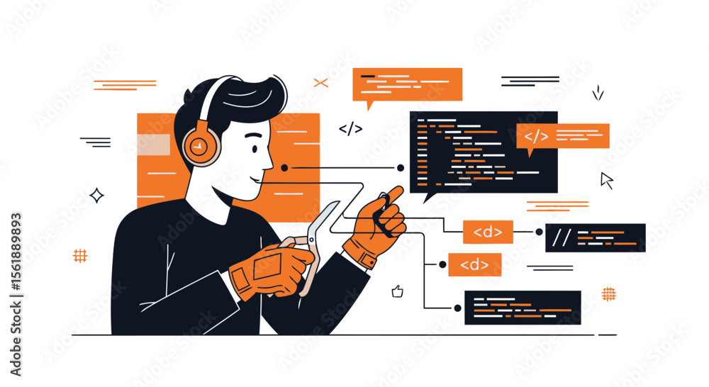 Poster innovative technology worker connecting the virtual code with cutting edge device