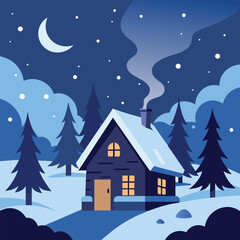 Naklejka premium Cozy Winter Cabin in Snowy Forest Under Starry Night Sky with Moon and Smoke from Chimney – Flat Design Holiday Landscape Illustration