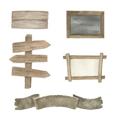 Watercolor wooden banner collection. Hand drawn isolated illustration on white background