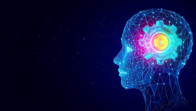 Brainstorming intelligent concepts with a human head silhouette profile and gears