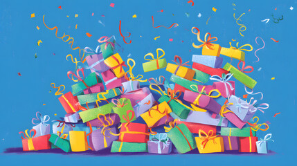 A joyful pile of colorful gift boxes tied with playful ribbons, evoking childhood excitement and wonder.
