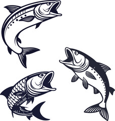 Jumping fish and fishing silhouette collection – black and white illustration