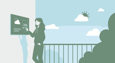 Woman Checking Weather Forecast On Digital Display At Home With Balcony View