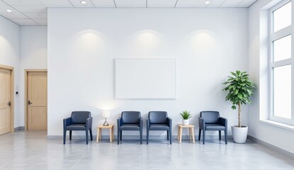 Modern waiting room with chairs, a small table, and a blank wall-mounted frame