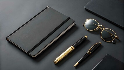 Black notebook pens and glasses on a dark surface