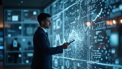 Businessman analyzing complex financial data on a futuristic holographic display screen