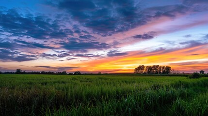 Fototapeta premium Vibrant Twilight Meadow with Wildflowers Under Gradient Magenta Sky, Expansive Open Field Landscape Featuring Golden Horizon Glow and Distant Tree Silhouettes, Empty Space