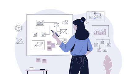 Woman Illustrating Workflow Processes on Whiteboard For Strategic Planning