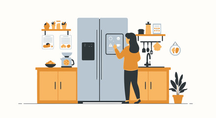 Woman Interacting With A Smart Refrigerator In A Modern Kitchen Setting