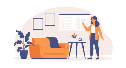 Woman Interacting With Interface In An Apartment With An Orange Couch