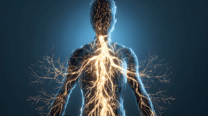 A glowing neural network branching into a human silhouette, connecting unexpectedly to other body systems.