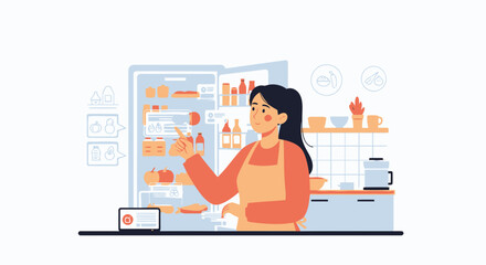 Woman Planning Meals With Smart Refrigerator And Online Recipe Application