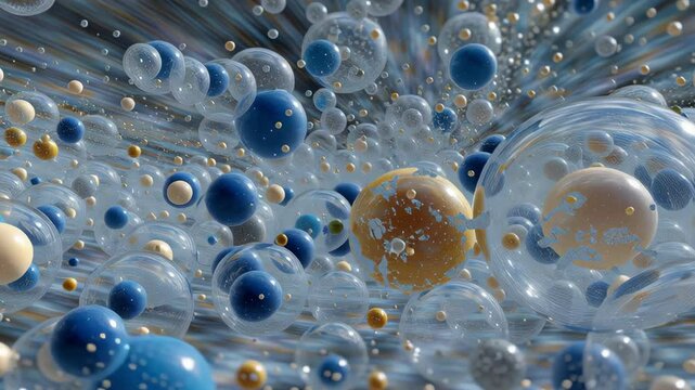 A bunch of blue and white spheres. Some are blue and some are white. They are all different sizes