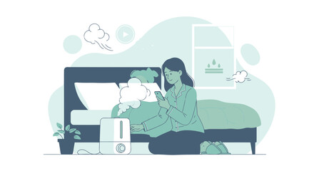 Woman Using Humidifier Near Bed For Healthy Air And Comfortable Sleep