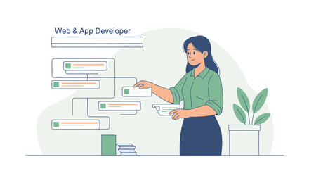 Woman Working On Web Application Development Diagram In A Modern Environment
