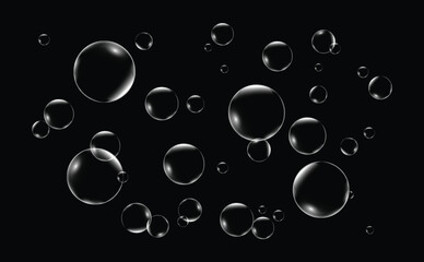 Soap bubbles on transparent background, Realistic bubbles in dark background, Abstract soap bubble on black background, Soap bubbles, Shiny soap bubbles, Floating soap bubbles like flying in the air