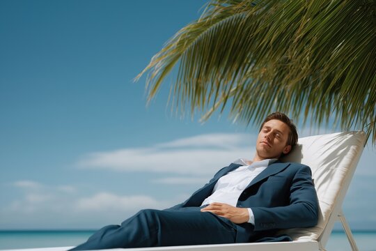 Caucasian young male relaxing in suit on tropical beach lounge chair - Powered by Adobe
