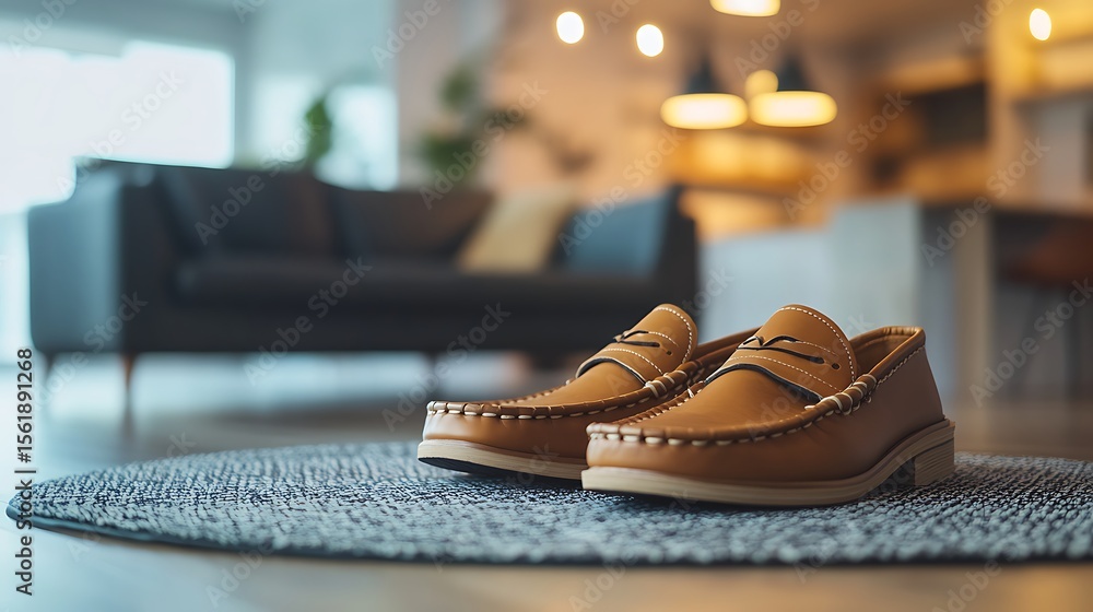 Poster comfortable casual moccasins positioned on one side with a minimalist and relaxed office setting in 