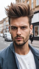 Trendy Man with Messy Quiff Hairstyle Modern Grooming and Fashion Look