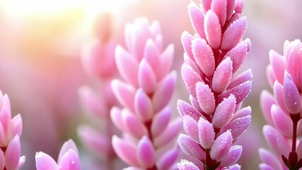 A close-up of pink flower spikes covered in dew, with a soft, dreamy background of sunlight. - Powered by Adobe