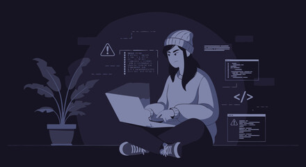 Young Woman Coding On Laptop Surrounded By Programming Elements And Pot Plant