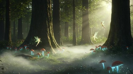 Enchanted forest scene with fairies dancing among glowing mushrooms and misty atmosphere - Powered by Adobe