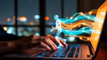 Woman's hands type on a laptop keyboard in an office, working with technology and communicating information