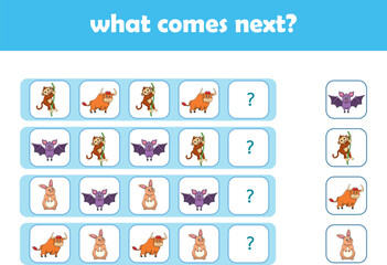 What comes next. Logical activity for preschool children with cute wild animals. Vector Illustration