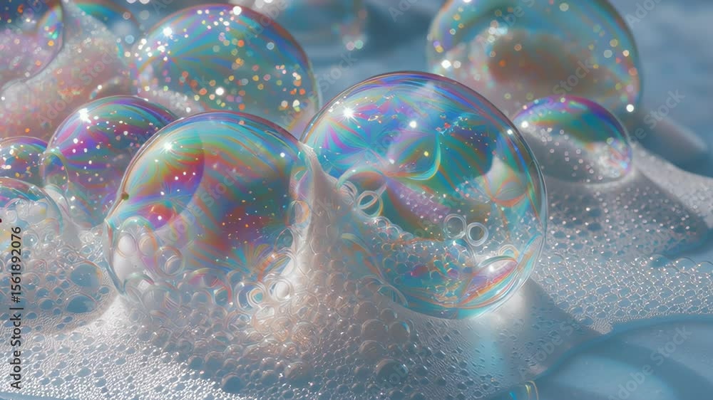 Poster a bunch of bubbles with different colors. some are white and some are blue. they are floating on top