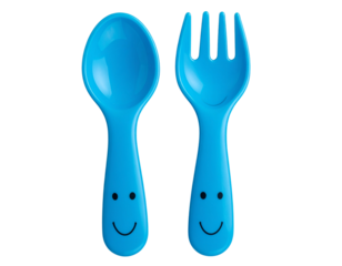 Smiling Blue Fork and Spoon Set for Kids with Cartoon Faces, isolated on a transparent background PNG