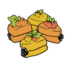 Cute, colorful, layered cakes decorated with berries and leaves, displayed in a graphic design style. A collection of pastries layered in a variety of colors, with a focus on the decorative elements.