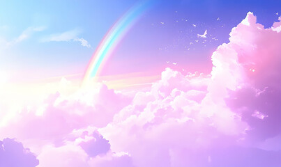 Ethereal landscape with pastel clouds and a vibrant rainbow arching through a soft, dreamy sky