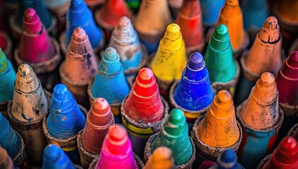 Close-up view of colorful crayon tips