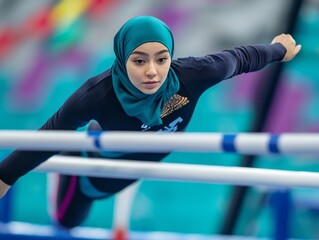 Young Woman Gymnast in Teal Hijab Performing on Parallel Bars