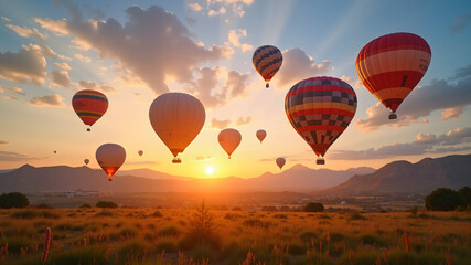 Obraz premium Colourful hot air balloons float in the sky during a sunset festival. Dreamy spring-summer landscape 