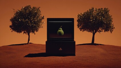 Dark box with green pear, flanked by trees on a sandy plain