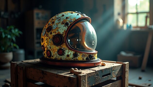Vintage astronaut helmet with weathered texture resting on a wooden crate - Powered by Adobe