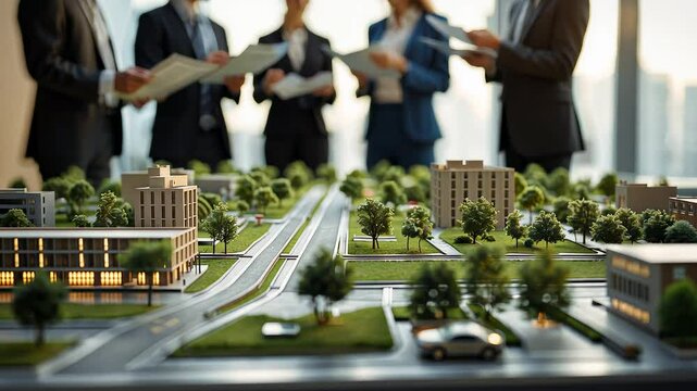 Architects Reviewing Urban City Planning Model with Miniature Roads, Buildings, and Trees in Modern Office Environment

