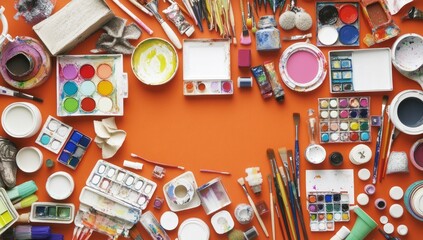 Colorful art supplies arranged on an orange surface, creating a frame