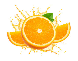 Whole Orange with Juice Splash Burst in Mid-Air, isolated on a transparent background PNG