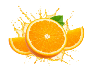 Whole Orange with Juice Splash Burst in Mid-Air, isolated on a transparent background PNG