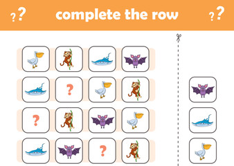Education game for children complete the pattern. Cute wIld animals. Vector Illustration